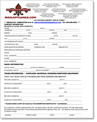 Ideal Appliance Parts Credit Application
